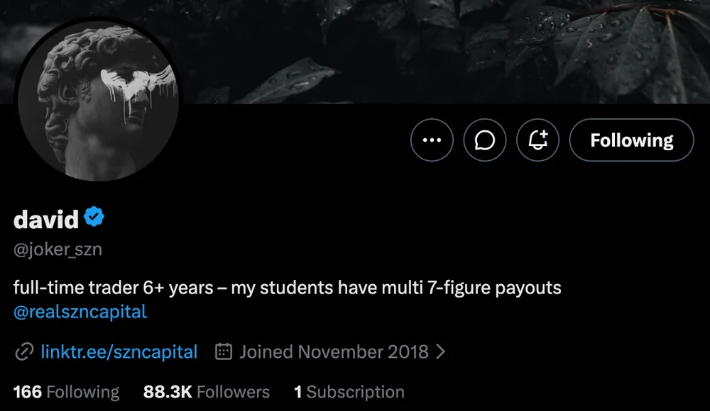 David's X profile, 88.3K followers