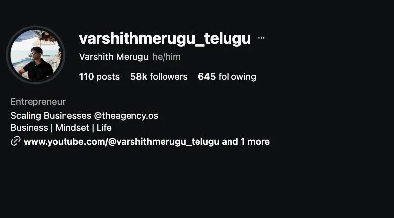 Varshith Merugu's Instagram profile, 58K followers